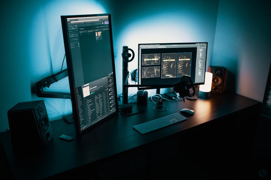 A contemporary office desk featuring a dual monitor setup with stylish lighting
