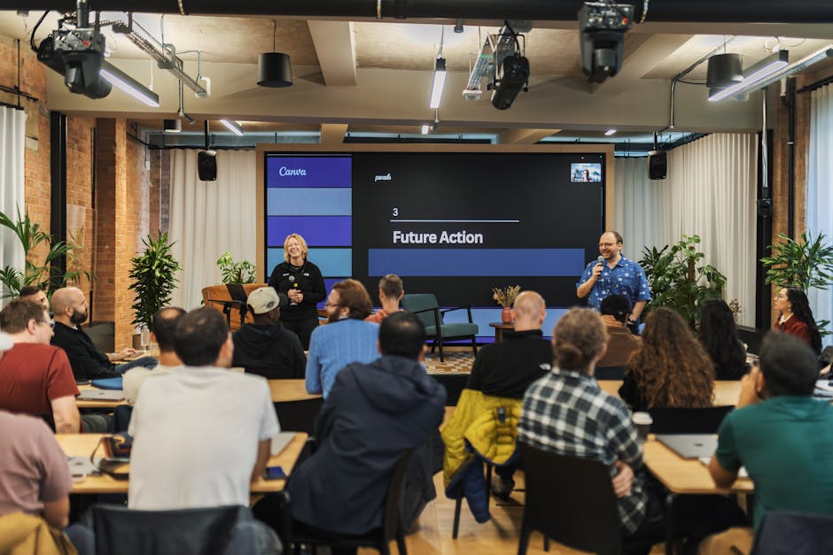 Interactive professional presentation in a modern office setting with diverse audience.